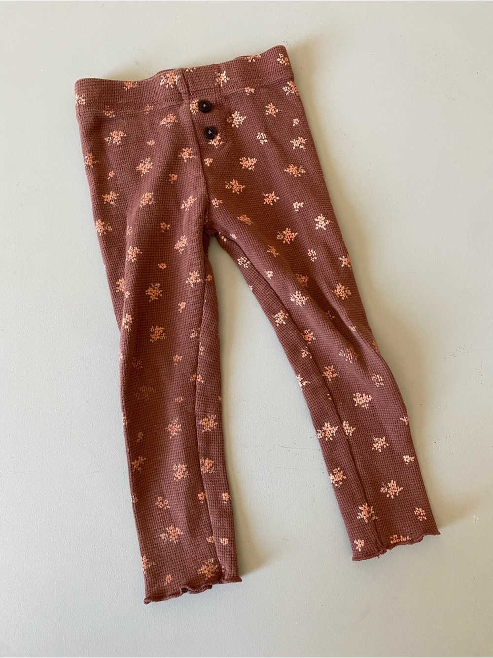 Girls 3T Toddler Waffle-Knit Floral Leggings - Brown with Pink Flowers